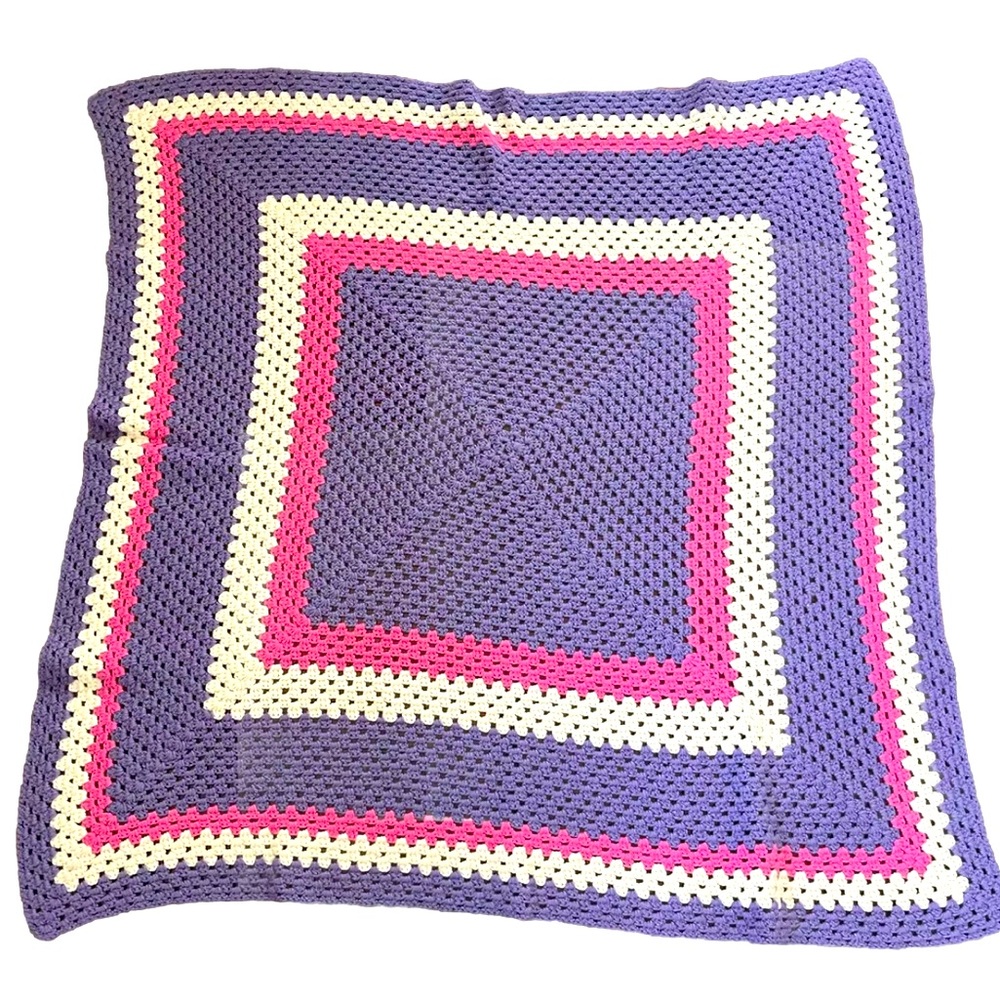 Vintage Handmade Crochet Blanket Granny Afghan Lap  47" Square Pink Purple White